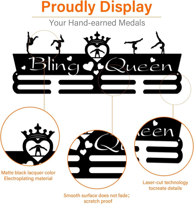 SUPERDANT Medal Holder Display Woman Gymnastics Medal Hanger Motivating Word Bling Queen Black Iron Wall Mounted Hooks for Sports Competition Wall Hanging Rack Gifts for Athletes 15.75X6in - Image 5